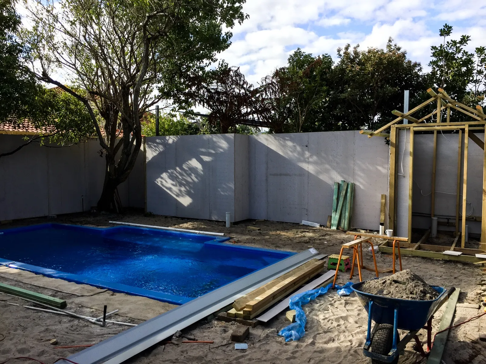 Pool cabana at framing stage