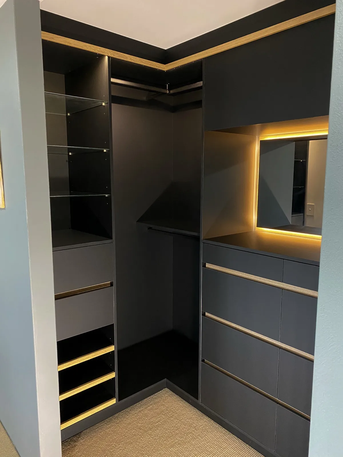 Walk-in robe, backlit mirror