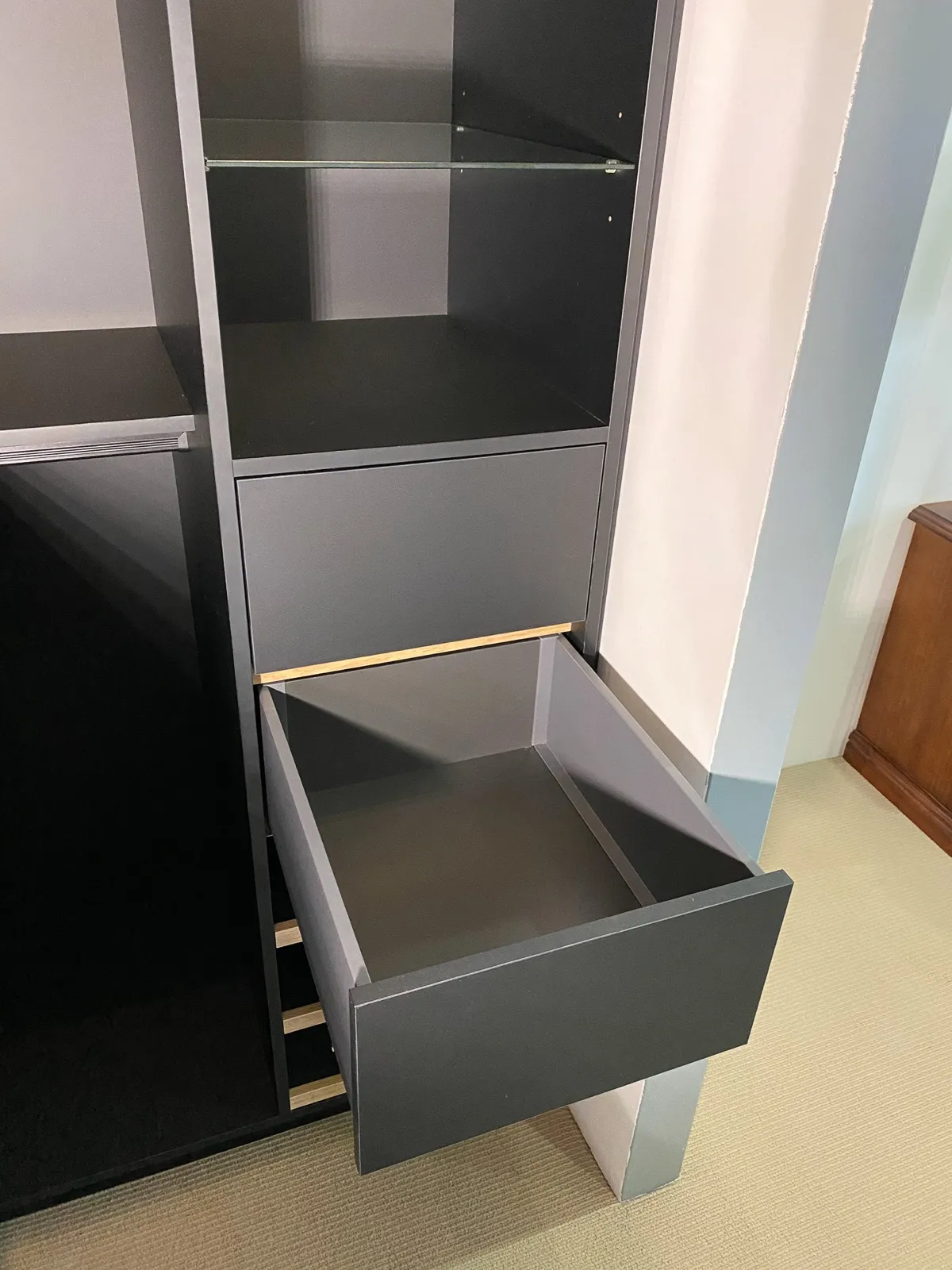 Robe pull-outs, glass shelves