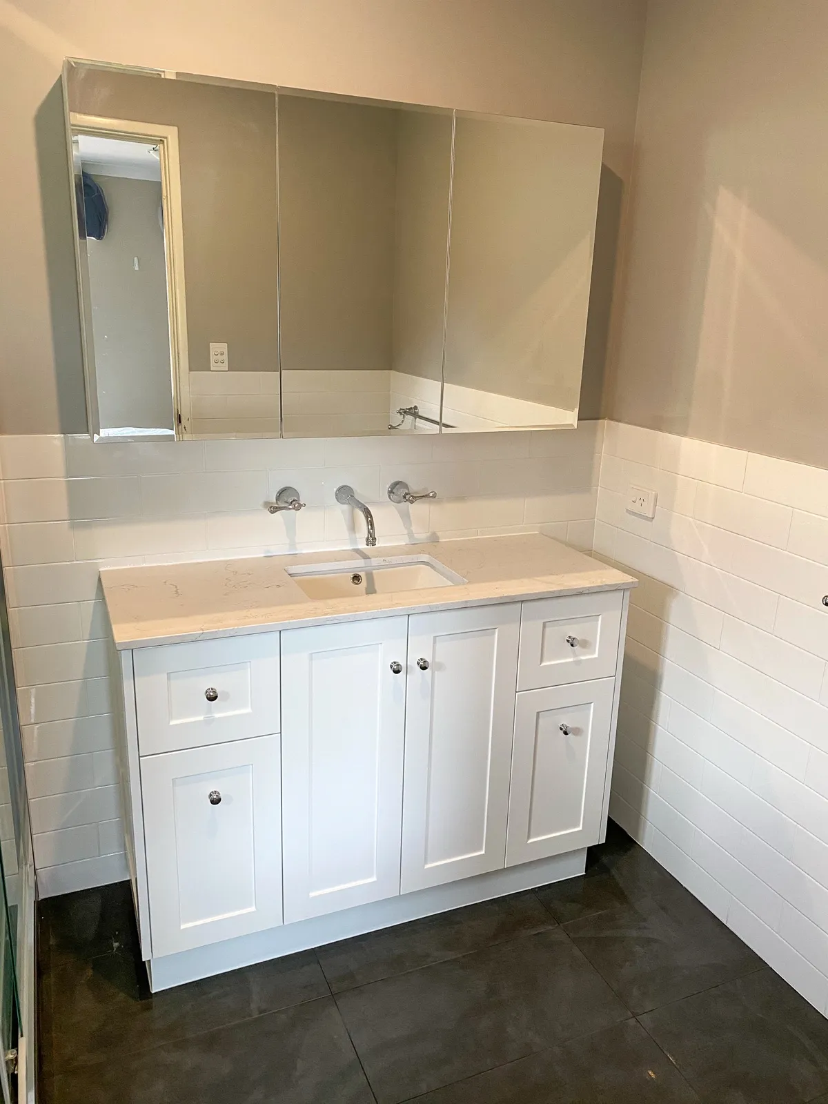 Shaker vanity, mirror cabinet