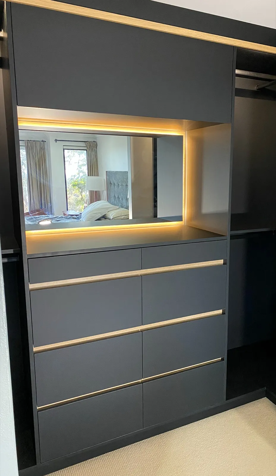 Robe drawers, backlit mirror