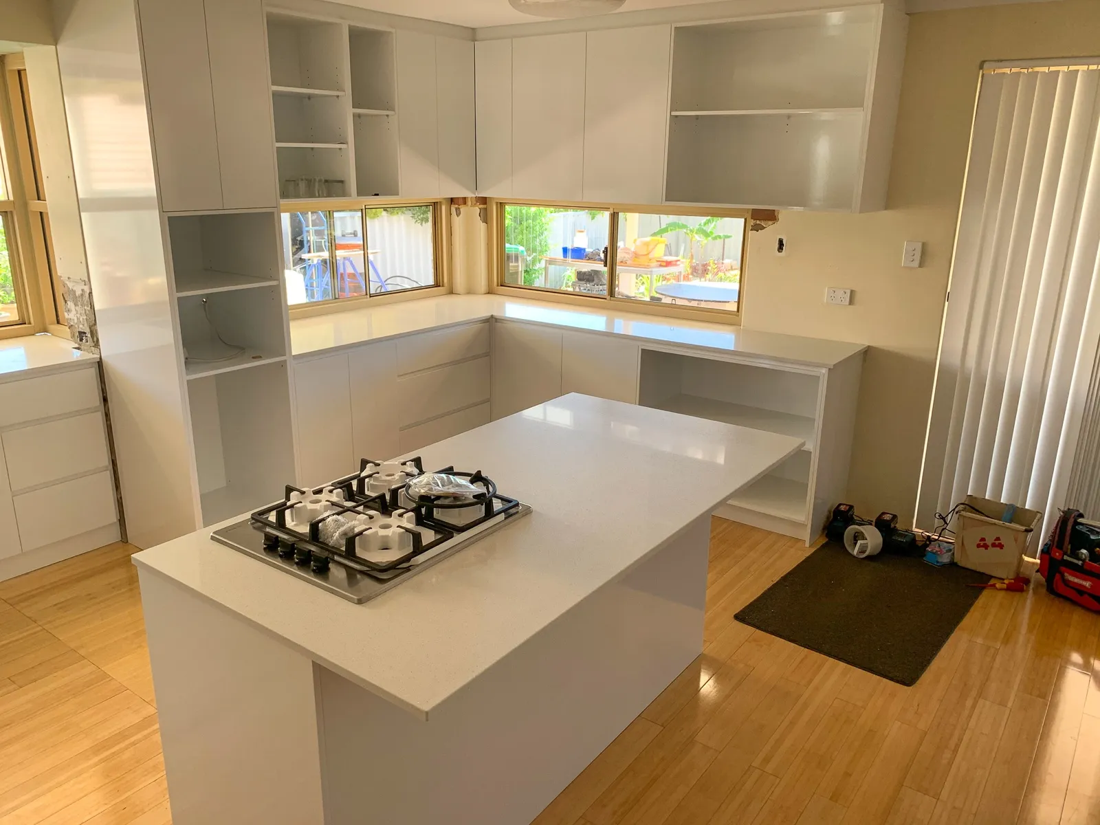 Island with gas cooktop, install day