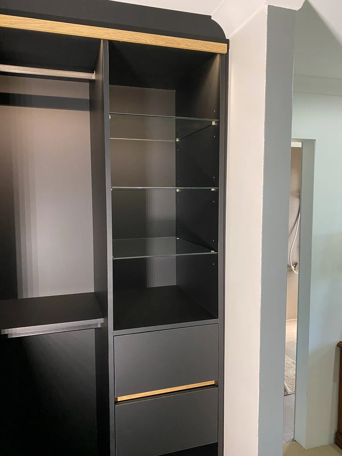 Robe display shelves, oak trim