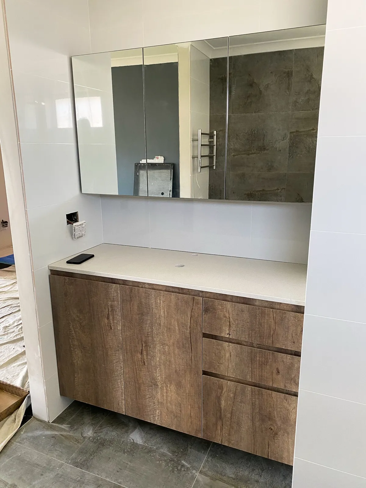 Timber-look vanity, mirror cabinet