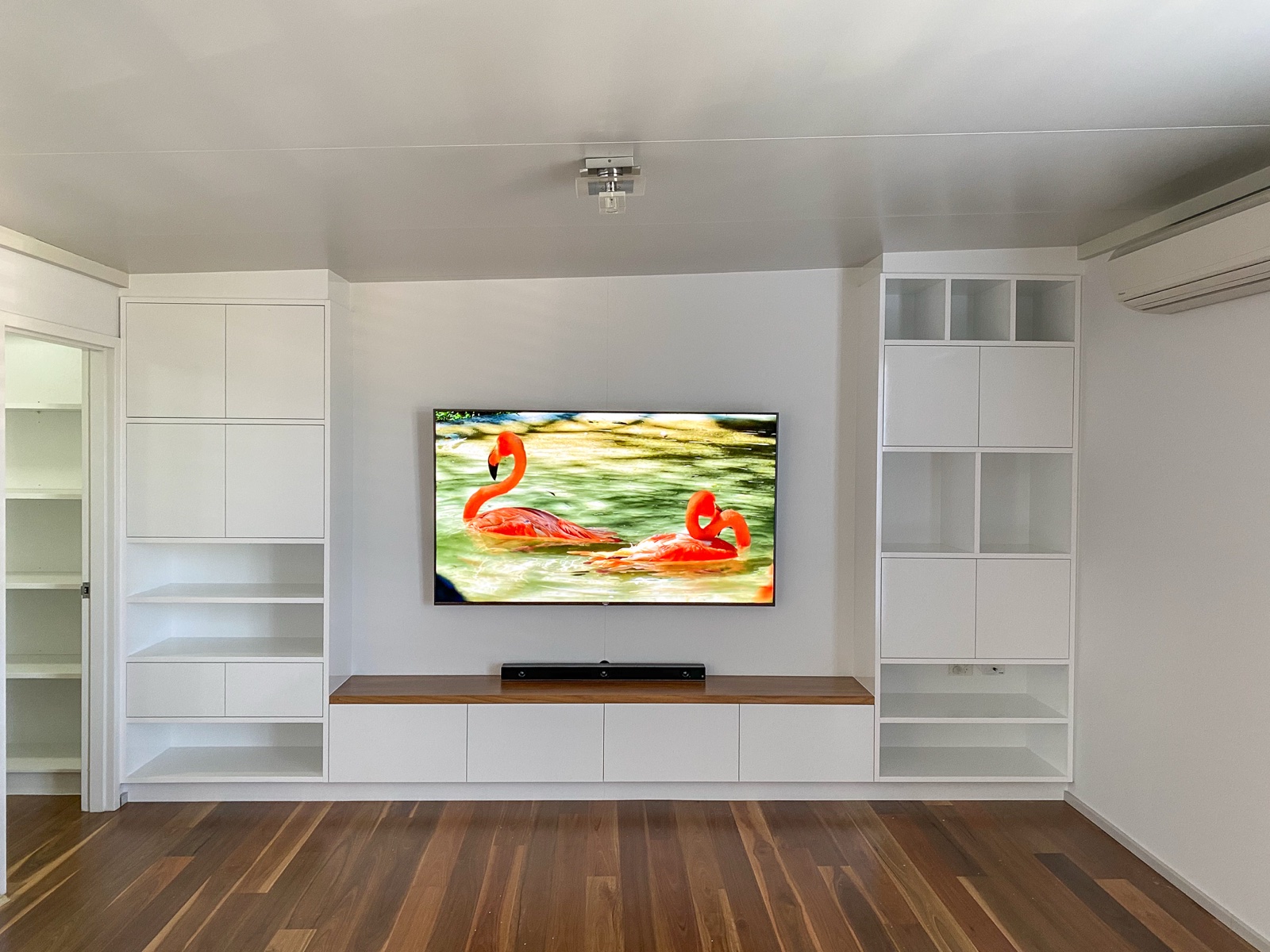 Entertainment wall, walnut top